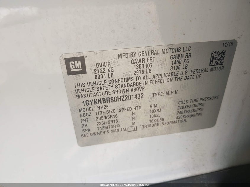 2017 Cadillac Xt5 VIN 1GYKNBRS8HZ201432 IAAI salvage auction — FRONT END, Salvage Title, sold $825 on 2026-08-26 (photo 9)