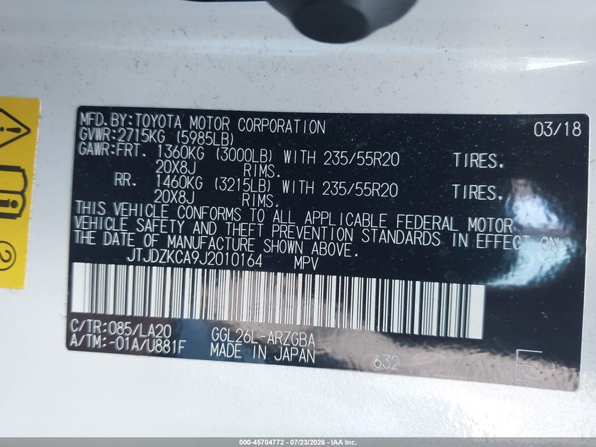 2018 Lexus Rx VIN JTJDZKCA9J2010164 IAAI salvage auction — LEFT SIDE, Wait Title, sold $14,750 on 2026-10-19 (photo 9)