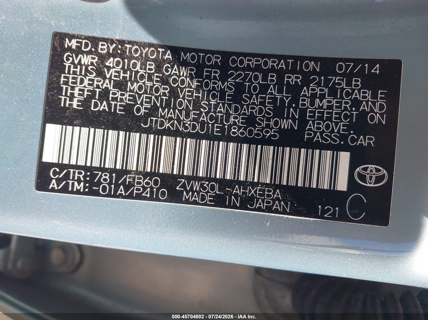 2014 Toyota Prius VIN JTDKN3DU1E1860595 IAAI salvage auction — NORMAL WEAR, Wait Title, sold $3,350 on 2026-07-31 (photo 9)