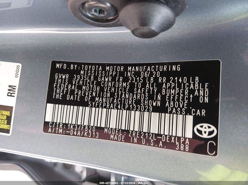 2020 Toyota Corolla VIN 5YFEPRAE4LP133029 IAAI salvage auction — REAR END, Salvage Title, sold $4,550 on 2026-07-31 (photo 9)