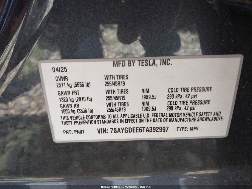 2026 Tesla Model y VIN 7SAYGDEE6TA392997 IAAI salvage auction — LEFT FRONT, Wait Title, sold $22,600 on 2026-10-03 (photo 9)