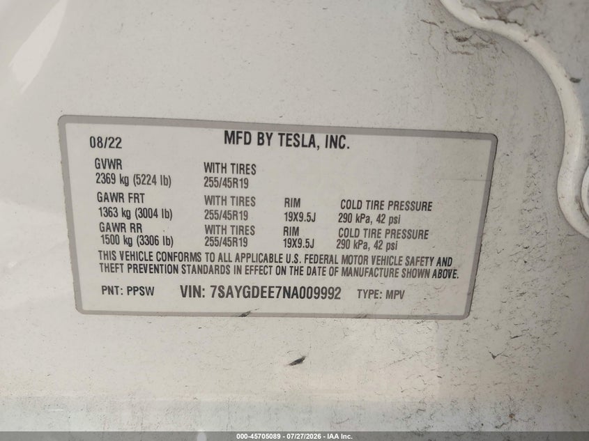 2022 Tesla Model y VIN 7SAYGDEE7NA009992 IAAI salvage auction — FRONT END, Wait Title, sold $9,825 on 2026-08-24 (photo 9)