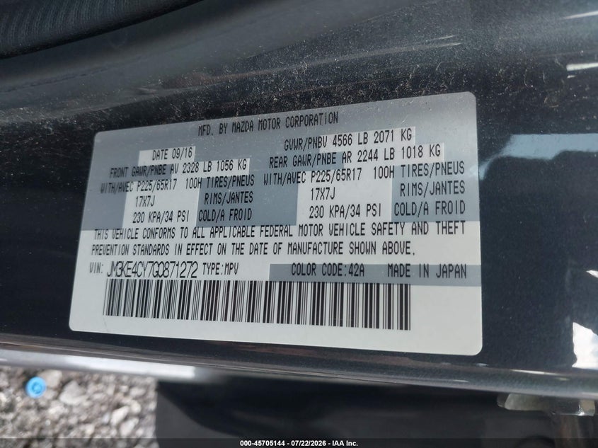 2016 Mazda Cx-5 VIN JM3KE4CY7G0871272 IAAI salvage auction — NORMAL WEAR, Clear (New Jersey), sold $1,850 on 2026-07-28 (photo 9)