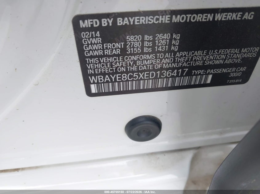2014 BMW 7er VIN WBAYE8C5XED136417 IAAI salvage auction — NORMAL WEAR, Clear-Dealer Only (North Carolina), sold $2,200 on 2026-08-03 (photo 9)