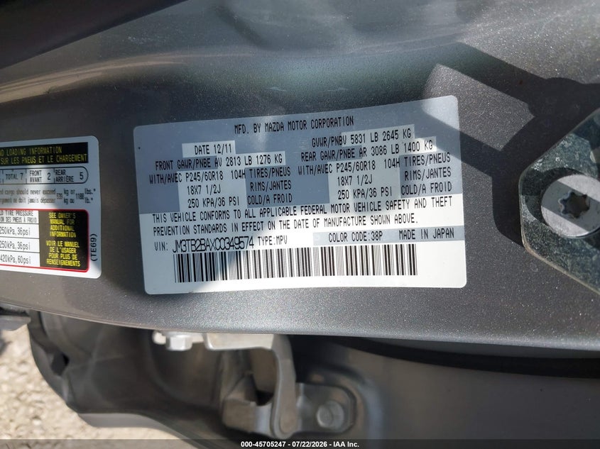 2012 Mazda Cx-9 VIN JM3TB2BAXC0349574 IAAI salvage auction — NORMAL WEAR, Original (Texas), sold $375 on 2026-07-28 (photo 9)
