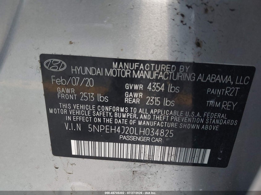 2020 Hyundai Sonata VIN 5NPEH4J20LH034825 IAAI salvage auction — FRONT END, Rebuildable (Florida), sold $6,000 on 2026-08-20 (photo 9)
