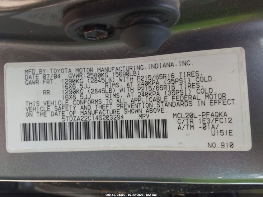 2004 Toyota Sienna VIN 5TDZA22C14S203294 IAAI salvage auction — NORMAL WEAR, Original (Texas), sold $675 on 2026-07-30 (photo 9)