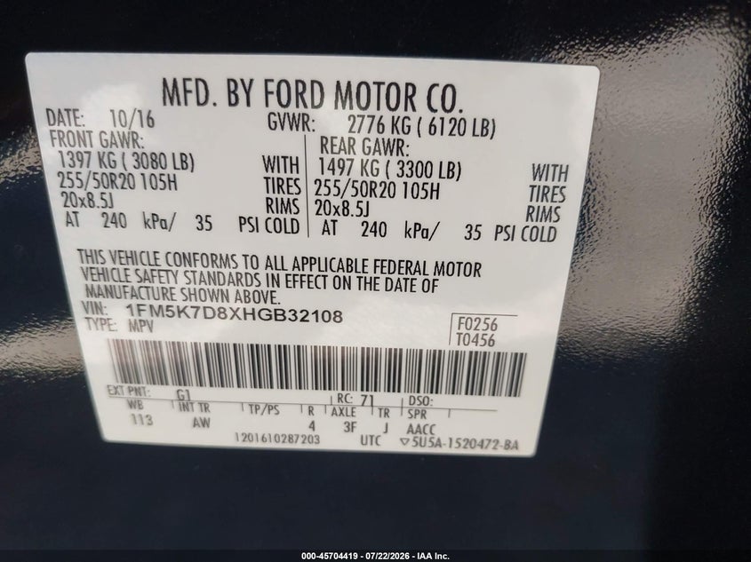 2017 Ford Explorer VIN 1FM5K7D8XHGB32108 IAAI salvage auction — REAR END, Salvage (California), sold $3,000 on 2026-07-30 (photo 9)