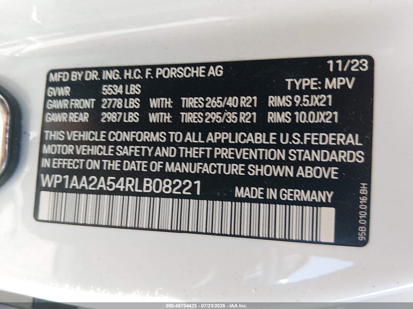 2024 Porsche Macan VIN WP1AA2A54RLB08221 IAAI salvage auction — FRONT & REAR, Salvage (Idaho), sold $9,900 on 2026-08-12 (photo 9)
