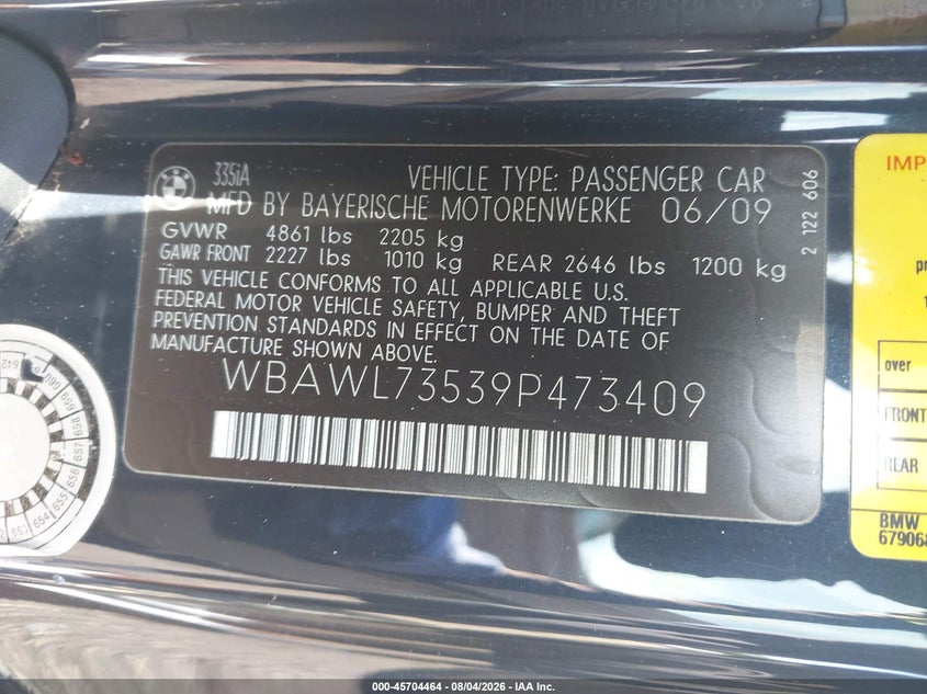 2009 BMW 3 series VIN WBAWL73539P473409 IAAI salvage auction — FRONT END, Salvage (Pennsylvania), sold $900 on 2026-09-11 (photo 9)