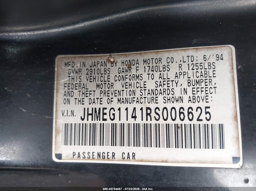 1994 Honda Civic VIN JHMEG1141RS006625 IAAI salvage auction — RIGHT FRONT, Clear (Georgia), sold $300 on 2026-07-31 (photo 9)