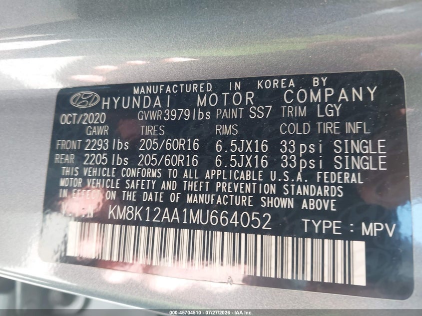 2021 Hyundai Kona VIN KM8K12AA1MU664052 IAAI salvage auction — REAR END, Salvage (Louisiana), sold $2,600 on 2026-08-02 (photo 9)