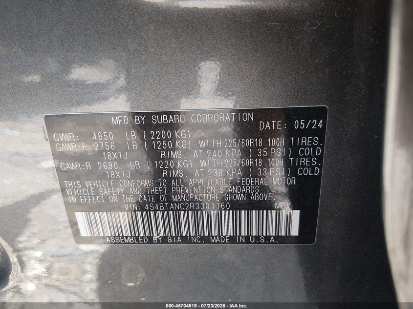2024 Subaru Outback VIN 4S4BTANC2R3301160 IAAI salvage auction — FRONT & REAR, Salvage Title, sold $11,100 on 2026-07-31 (photo 9)