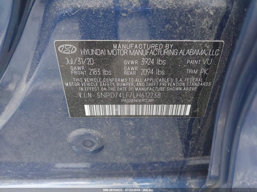2020 Hyundai Elantra VIN 5NPD74LF7LH612238 IAAI salvage auction — NORMAL WEAR, SF97 (New Hampshire), sold $9,325 on 2026-08-20 (photo 9)
