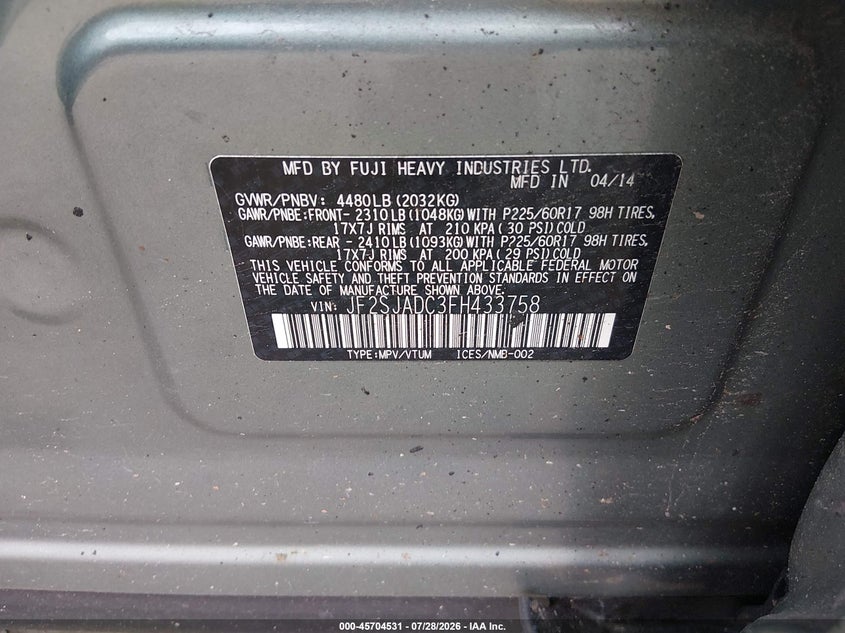 2015 Subaru Forester VIN JF2SJADC3FH433758 IAAI salvage auction — RIGHT FRONT, Wait Title, sold $375 on 2026-08-21 (photo 9)