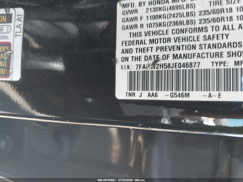 2018 Honda Cr-v VIN 7FARW2H58JE046877 IAAI salvage auction — NORMAL WEAR, Clear (New York), sold $3,650 on 2026-07-28 (photo 9)