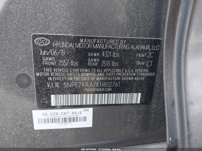 2019 Hyundai Sonata VIN 5NPE24AA7KH802761 IAAI salvage auction — NORMAL WEAR, Sf97 (Virginia), sold $13,100 on 2026-08-19 (photo 9)
