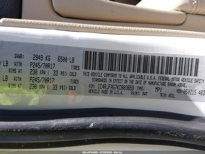 2019 Jeep Grand cherokee VIN 1C4RJFAG7KC803859 IAAI salvage auction — NORMAL WEAR, Sf97 (California), sold $1,050 on 2026-09-10 (photo 9)