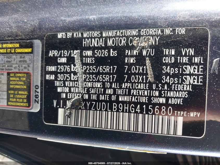 2017 Hyundai Santa fe VIN 5XYZUDLB9HG415680 IAAI salvage auction — NORMAL WEAR, Clear-Dealer Only (Oregon), sold $25 on 2026-07-30 (photo 9)