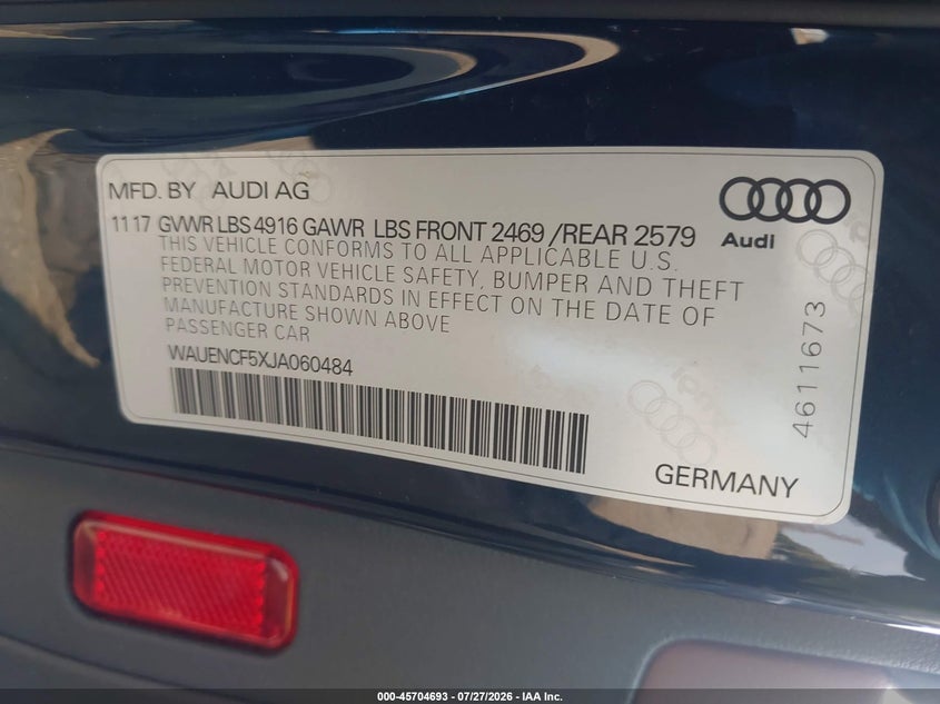 2018 Audi A5 VIN WAUENCF5XJA060484 IAAI salvage auction — RIGHT FRONT, Rebuildable (Florida), sold $7,600 on 2026-08-21 (photo 9)