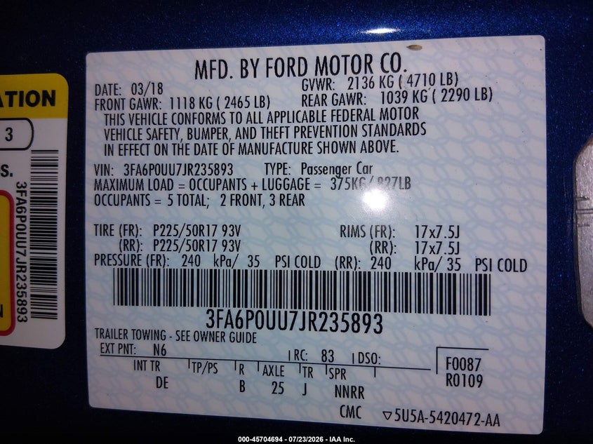 2018 Ford Fusion VIN 3FA6P0UU7JR235893 IAAI salvage auction — NORMAL WEAR, SF97 (Rhode Island), sold $9,500 on 2026-09-08 (photo 9)