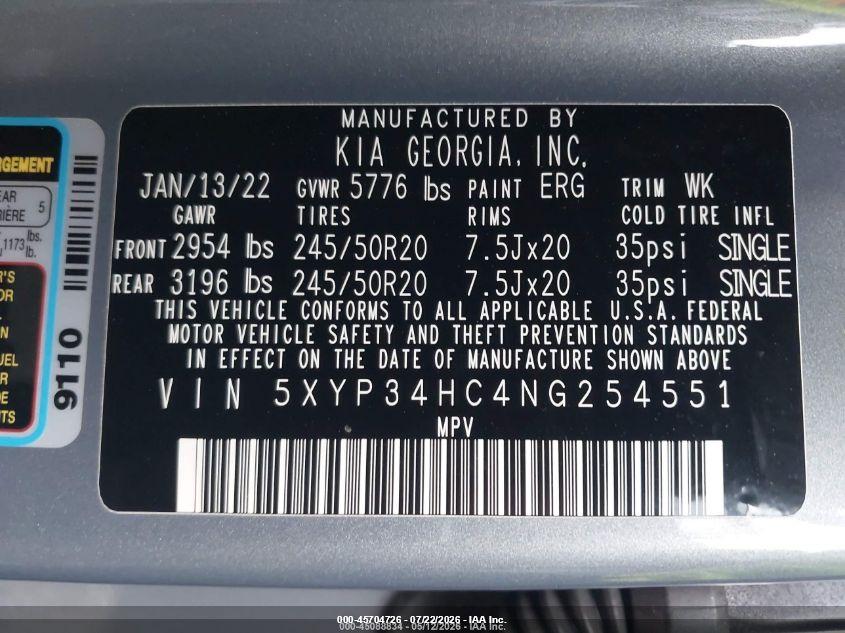 2022 Kia Telluride VIN 5XYP34HC4NG254551 IAAI salvage auction — REAR END, Salvage (Georgia), sold $1,100 on 2026-07-24 (photo 9)