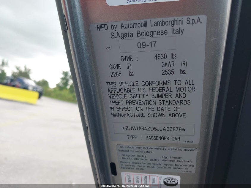 2018 Lamborghini VIN ZHWUG4ZD5JLA06879 IAAI salvage auction — ALL OVER, Clear (South Carolina), sold $35,750 on 2026-07-30 (photo 9)