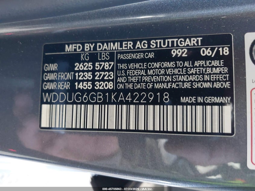2019 Mercedes-benz S-klasse VIN WDDUG6GB1KA422918 IAAI salvage auction — REAR END, Salvage Title, sold $15,100 on 2026-08-12 (photo 9)