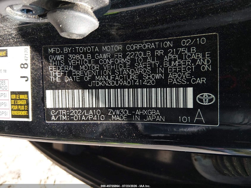 2010 Toyota Prius VIN JTDKN3DU9A0141420 IAAI salvage auction — NORMAL WEAR, Clear (New Jersey), sold $1,550 on 2026-07-28 (photo 9)
