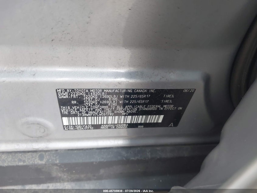 2020 Toyota Rav 4 VIN 2T3RWRFV7LW091782 IAAI salvage auction — UNKNOWN, Salvage (Pennsylvania), sold $11,500 on 2026-08-01 (photo 9)
