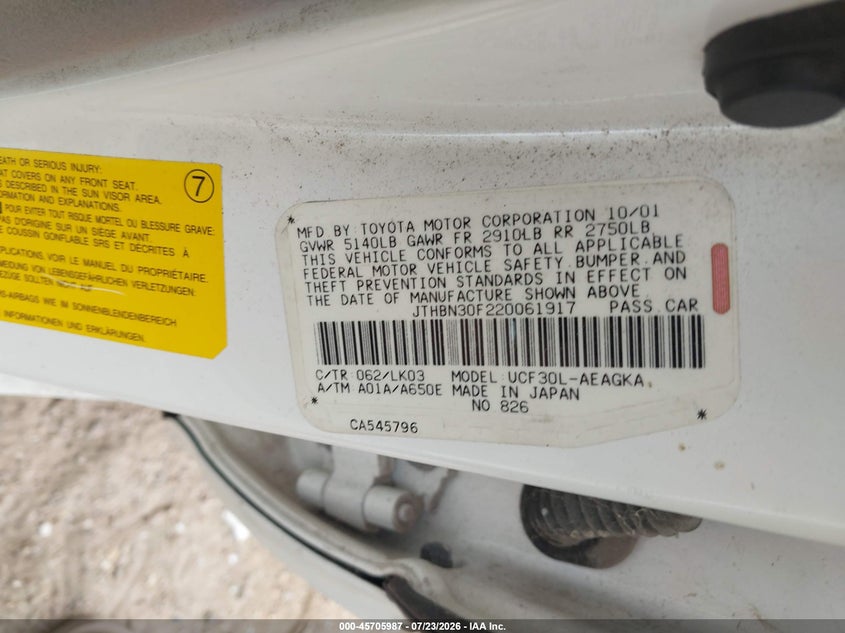 2002 Lexus Ls 430 VIN JTHBN30F220061917 IAAI salvage auction — UNKNOWN, Original (Texas), sold $25 on 2026-07-29 (photo 9)
