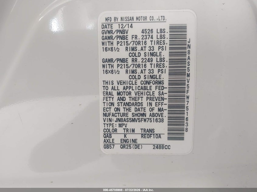 2015 Nissan Rogue VIN JN8AS5MV5FW751638 IAAI salvage auction — REAR END, Salvage (Kentucky), sold $25 on 2026-07-29 (photo 9)