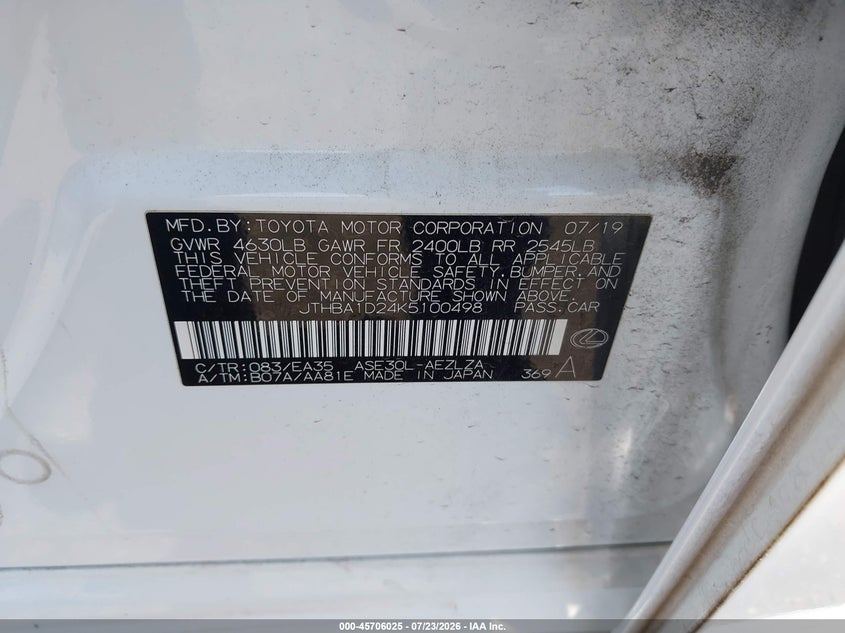 2019 Lexus Is VIN JTHBA1D24K5100498 IAAI salvage auction — REAR END, Wait Title, sold $8,500 on 2026-09-11 (photo 9)