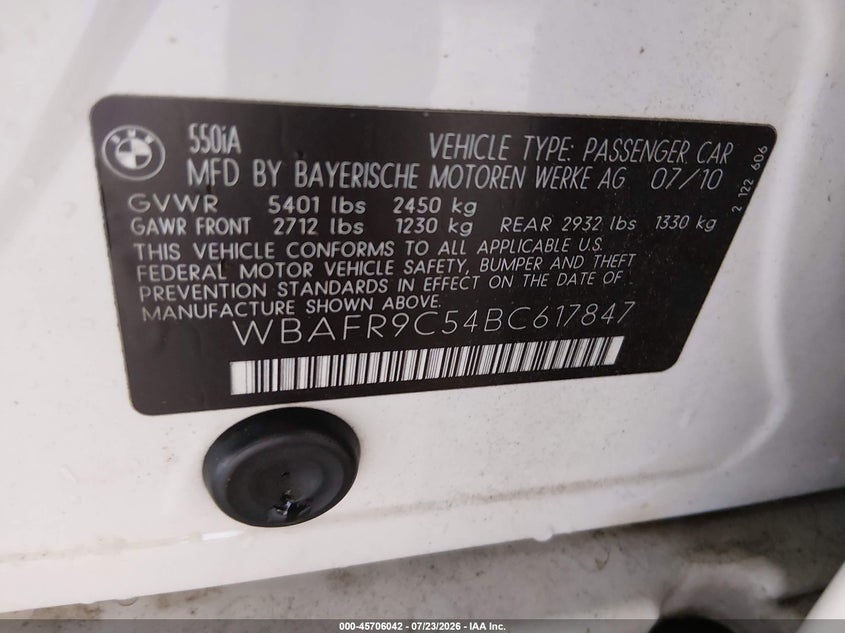 2011 BMW 5 series VIN WBAFR9C54BC617847 IAAI salvage auction — LEFT FRONT, Clear (Tennessee), sold $1,125 on 2026-08-03 (photo 9)