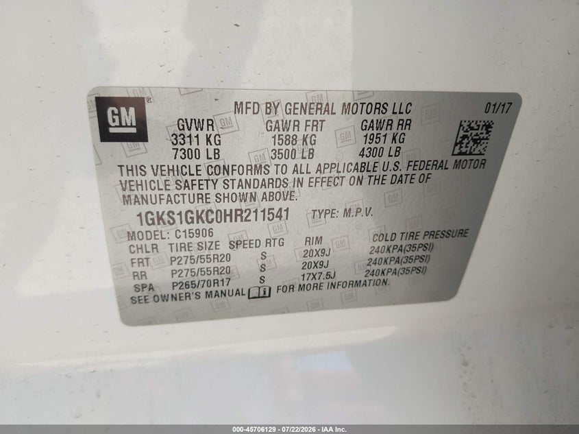 2017 Gmc Yukon VIN 1GKS1GKC0HR211541 IAAI salvage auction — LEFT FRONT, Wait Title, sold $3,250 on 2026-10-12 (photo 9)