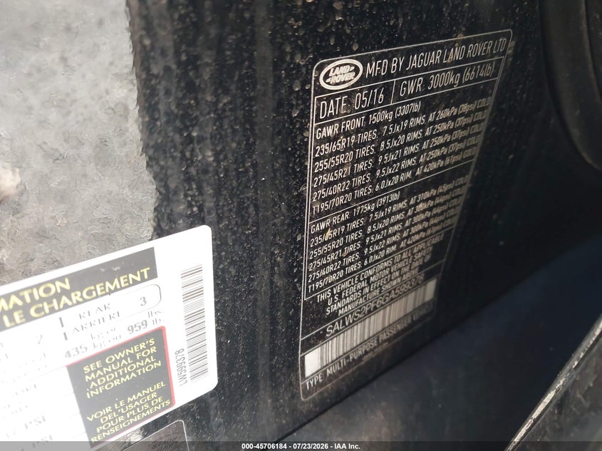 2016 Land rover Range rover sport VIN SALWS2PF6GA599378 IAAI salvage auction — NORMAL WEAR, Clear (New York), sold $525 on 2026-07-28 (photo 9)