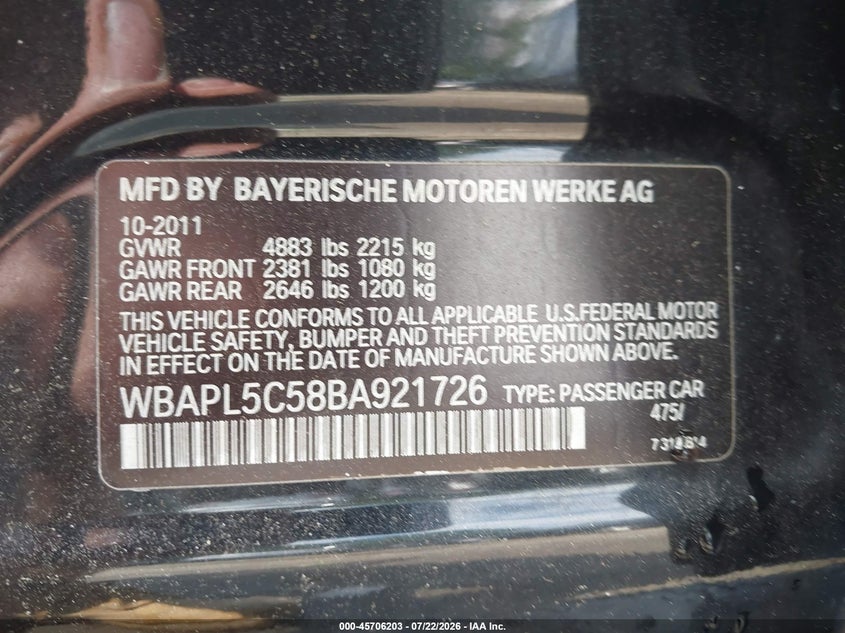 2011 BMW 3 series VIN WBAPL5C58BA921726 IAAI salvage auction — UNKNOWN, Clear (Massachusetts), sold $50 on 2026-07-29 (photo 9)