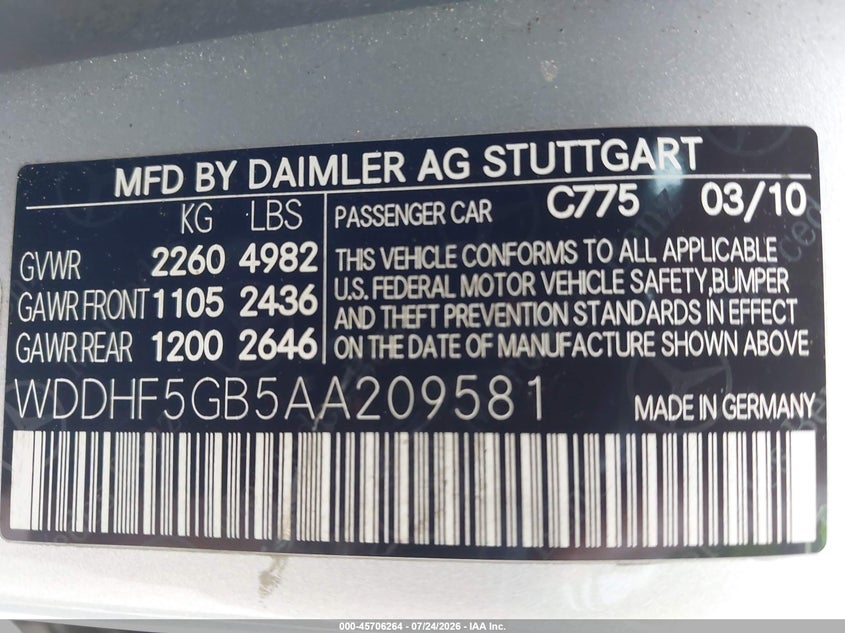 2010 Mercedes-benz E-class VIN WDDHF5GB5AA209581 IAAI salvage auction — LEFT FRONT, Salvage (Georgia), sold $1,250 on 2026-08-19 (photo 9)