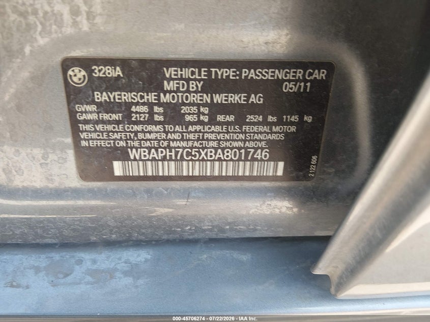 2011 BMW 3 series VIN WBAPH7C5XBA801746 IAAI salvage auction — NORMAL WEAR, Original (Texas), sold $300 on 2026-07-31 (photo 9)
