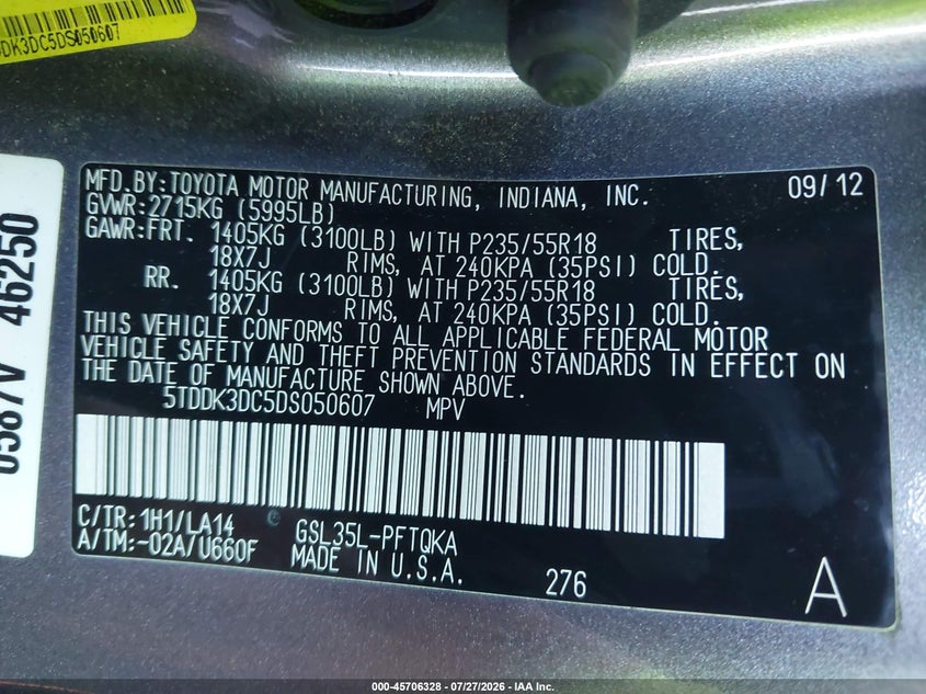 2013 Toyota Sienna VIN 5TDDK3DC5DS050607 IAAI salvage auction — RIGHT FRONT, Salvage (California), sold $2,300 on 2026-08-02 (photo 9)