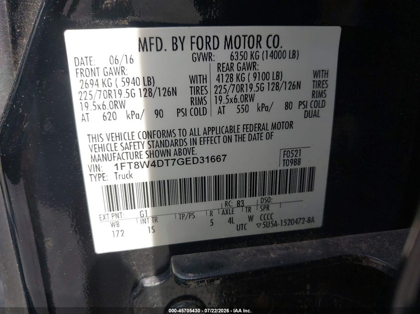2016 Ford F-450 VIN 1FT8W4DT7GED31667 IAAI salvage auction — NORMAL WEAR, Sf97 (Virginia), sold $35,600 on 2026-08-19 (photo 9)