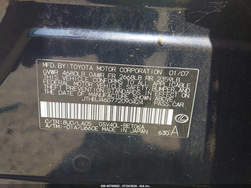 2007 Lexus Es 350 VIN JTHBJ46G772090424 IAAI salvage auction — LEFT REAR, Clear (New Jersey), sold $25 on 2026-07-28 (photo 9)