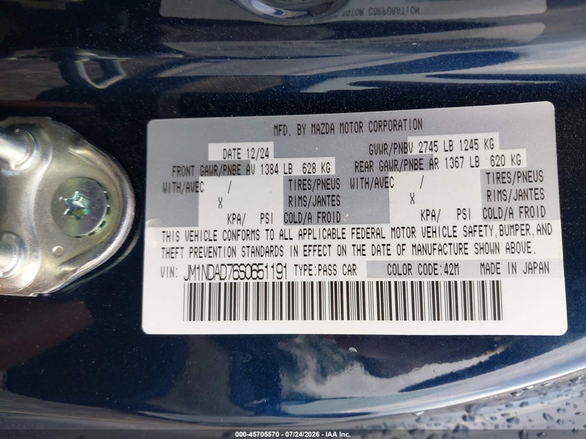 2025 Mazda Mx-5 VIN JM1NDAD76S0651191 IAAI salvage auction — FRONT END, Salvage (Georgia), sold $9,200 on 2026-08-15 (photo 9)