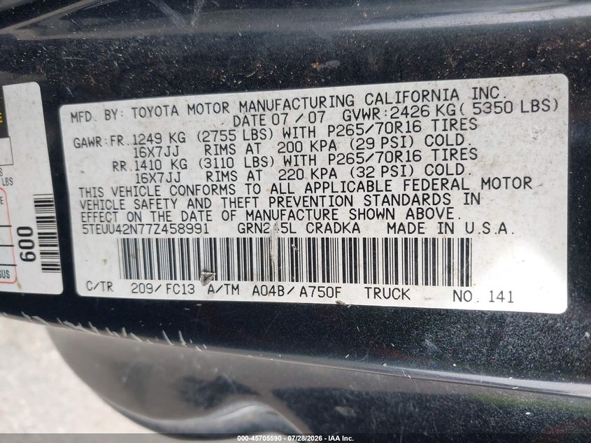 2007 Toyota Tacoma VIN 5TEUU42N77Z458991 IAAI salvage auction — MECHANICAL, Clear-Dealer Only (Oregon), sold $25 on 2026-07-30 (photo 9)