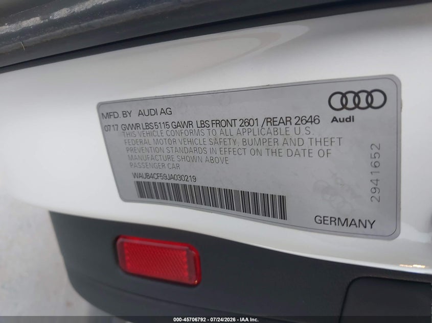 2018 Audi S5 VIN WAUB4CF59JA030219 IAAI salvage auction — ELECTRICAL, Clear (Florida), sold $7,300 on 2026-08-12 (photo 9)