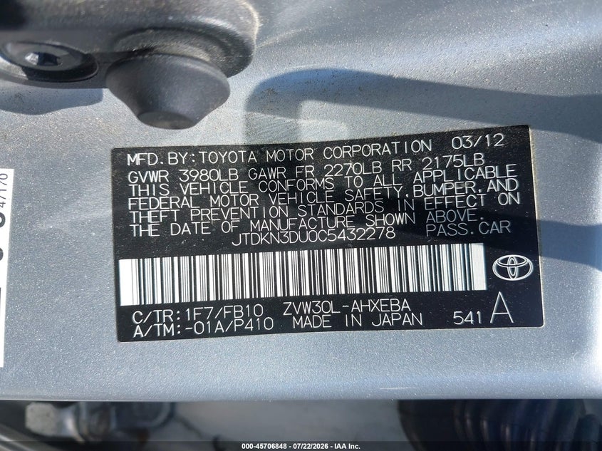 2012 Toyota Prius VIN JTDKN3DU0C5432278 IAAI salvage auction — LEFT SIDE, Clear - Dealer Only (California), sold $2,550 on 2026-08-01 (photo 9)