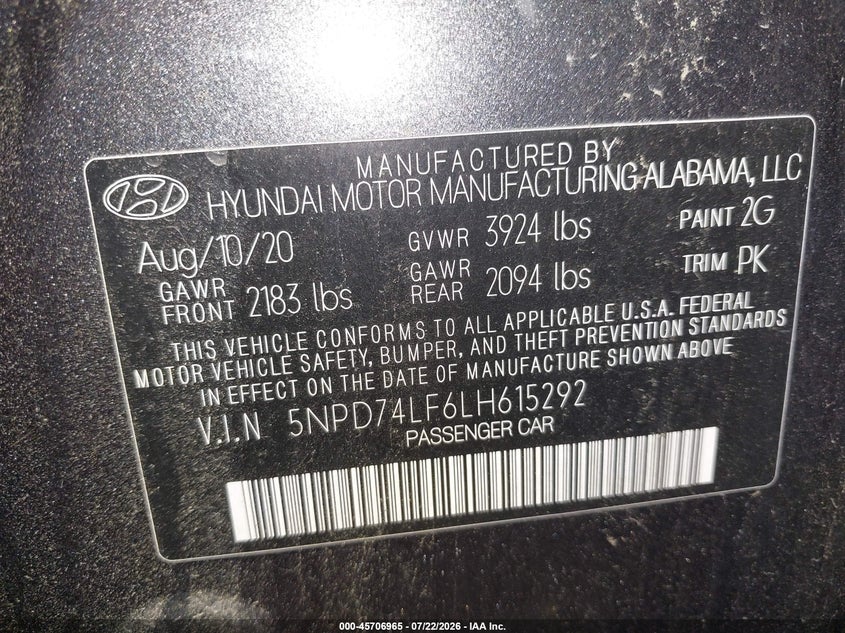 2020 Hyundai Elantra VIN 5NPD74LF6LH615292 IAAI salvage auction — NORMAL WEAR, Sf97 (New York), sold $12,450 on 2026-08-20 (photo 9)