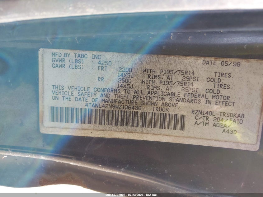 1998 Toyota Tacoma VIN 4TANL42N9WZ136480 IAAI salvage auction — NORMAL WEAR, Clear (New Jersey), sold $225 on 2026-08-21 (photo 9)