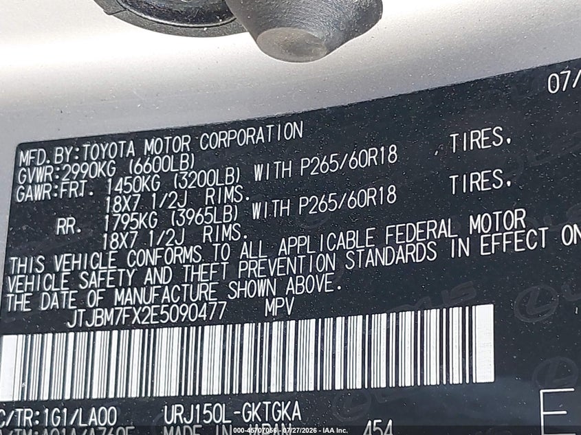 2014 Lexus Gx VIN JTJBM7FX2E5090477 IAAI salvage auction — LEFT FRONT, Salvage (Texas), sold $11,000 on 2026-08-02 (photo 9)