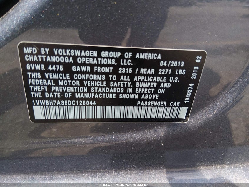 2013 Volkswagen Passat VIN 1VWBH7A35DC128044 IAAI salvage auction — LEFT FRONT, Salvage Title, sold $1,075 on 2026-08-19 (photo 9)
